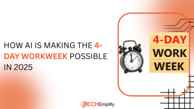 AI-driven reduced workweek concept showing employees working efficiently with AI assistance