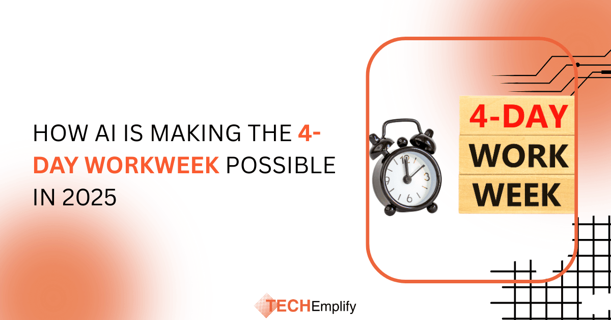 AI-driven reduced workweek concept showing employees working efficiently with AI assistance